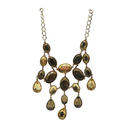 INC Gold Tone Statement Necklace Multi-Tiered Teardrop Oval Faux Gemstones - Picture 1 of 5